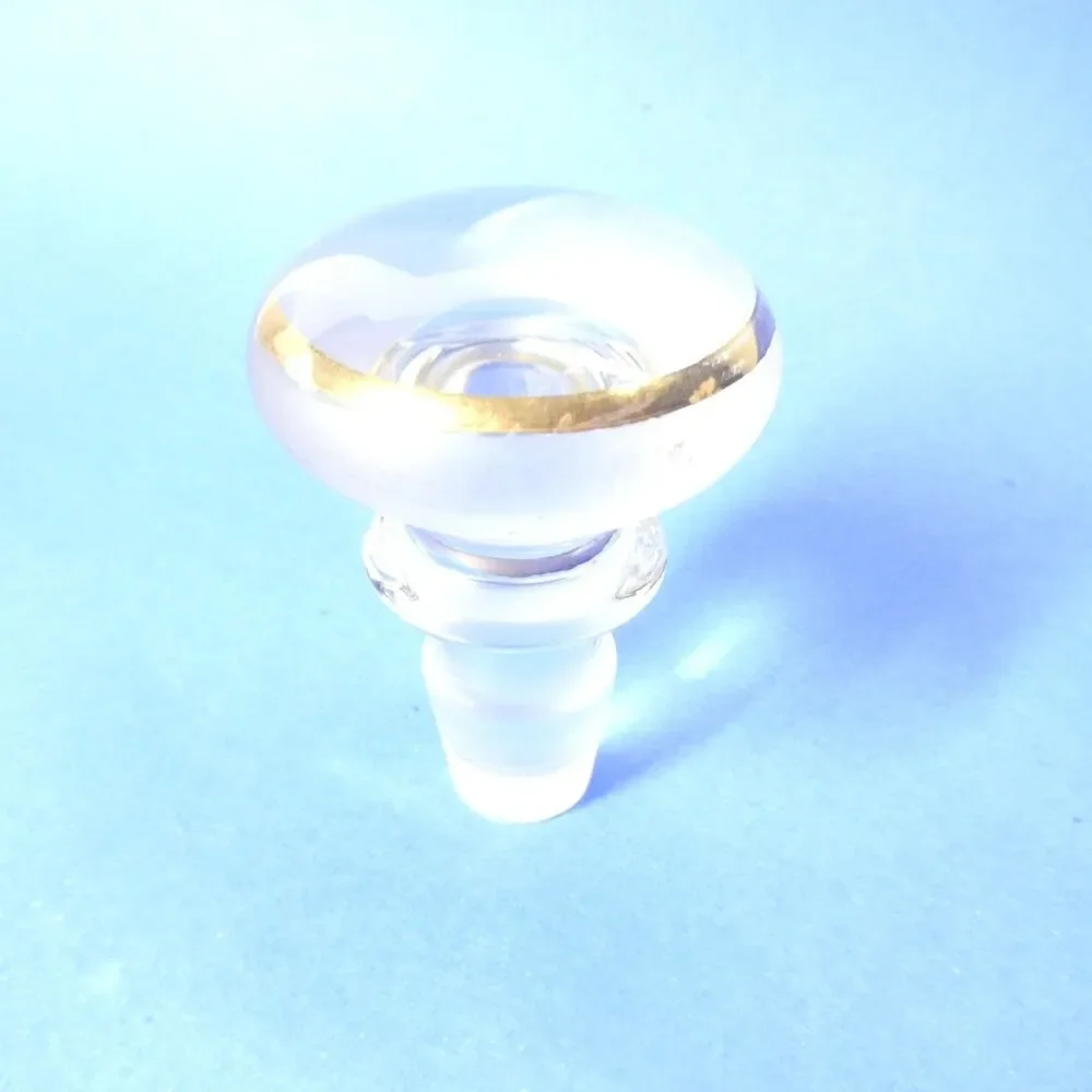 Vintage Glass Mushroom Knob Stopper Clear w/ Gold Band Bottle Decanter